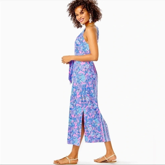 Lilly Pulitzer Bingham Halter Midi Dress soleil Pink Palm Tropical Resort XXS - Picture 2 of 12